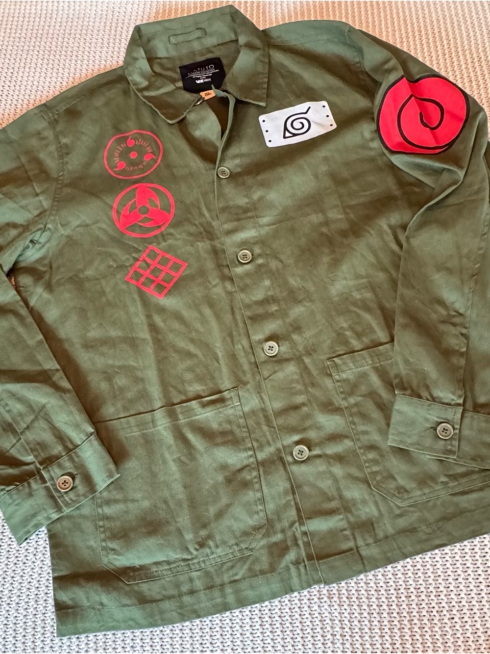Naruto Shippuden Button Up Shirt XL Olive Green Anime Graphic Licensed NWT